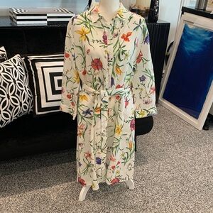 120% Lino Floral Button-Front Shirt Dress with Belt - White Multi. XL